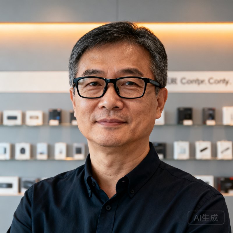 BG视讯创始人兼CEO陈志远，一位四十岁出头的中年男性，戴着黑框眼镜，穿着深色衬衫，背景是公司产品展示墙